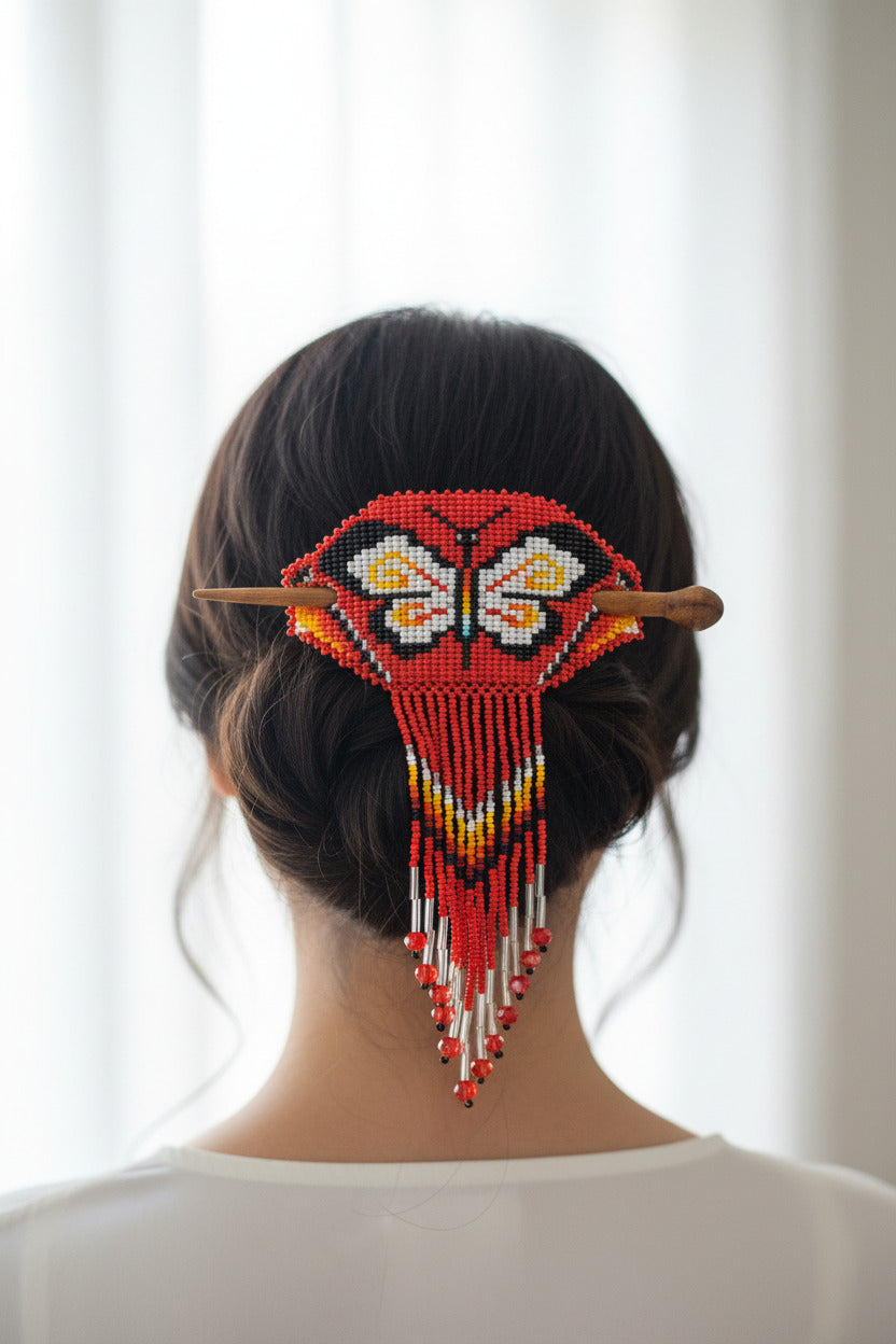 Native Oval Seed Bead Fringe Barrette Hair Stick
