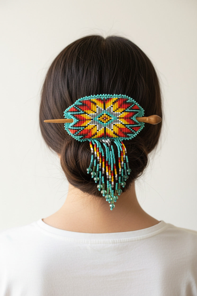 Native Oval Seed Bead Fringe Barrette Hair Stick