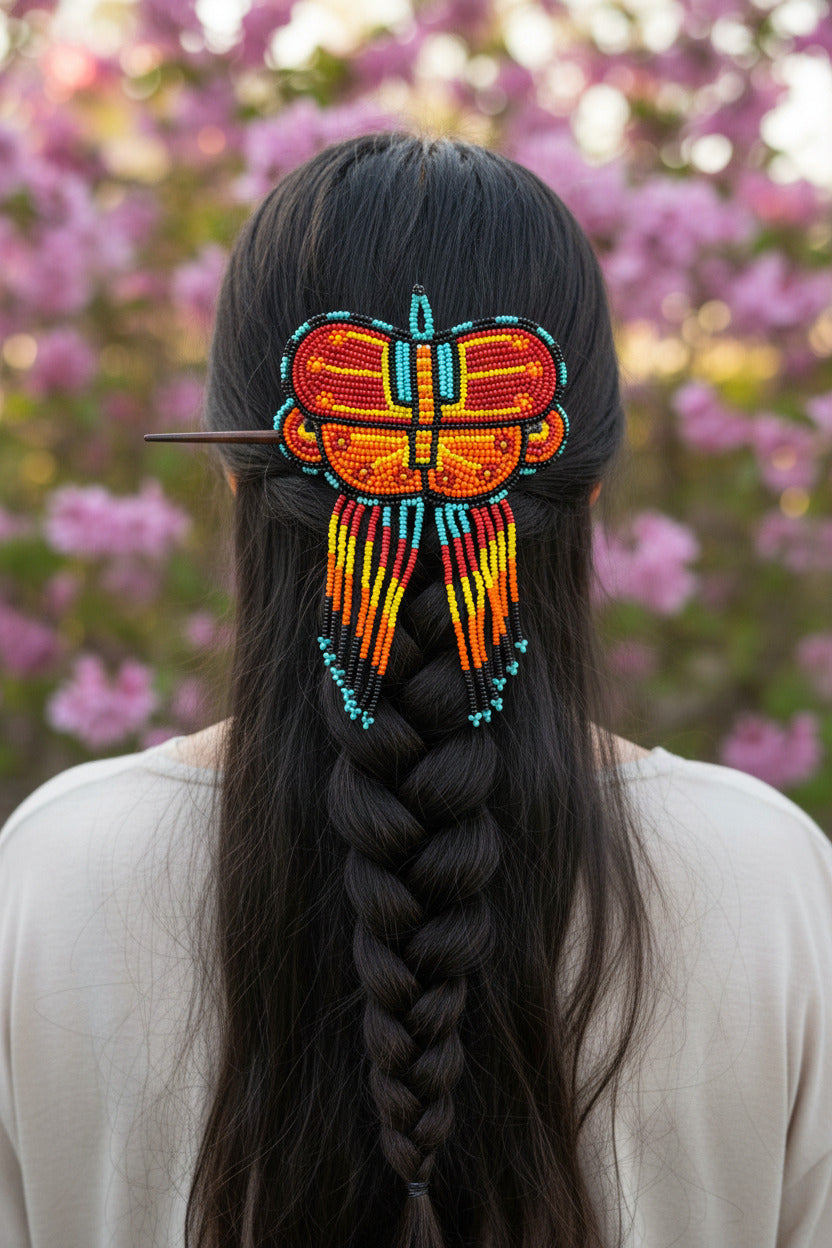 Native Beaded Fringe Barrette w/ Hair Stick