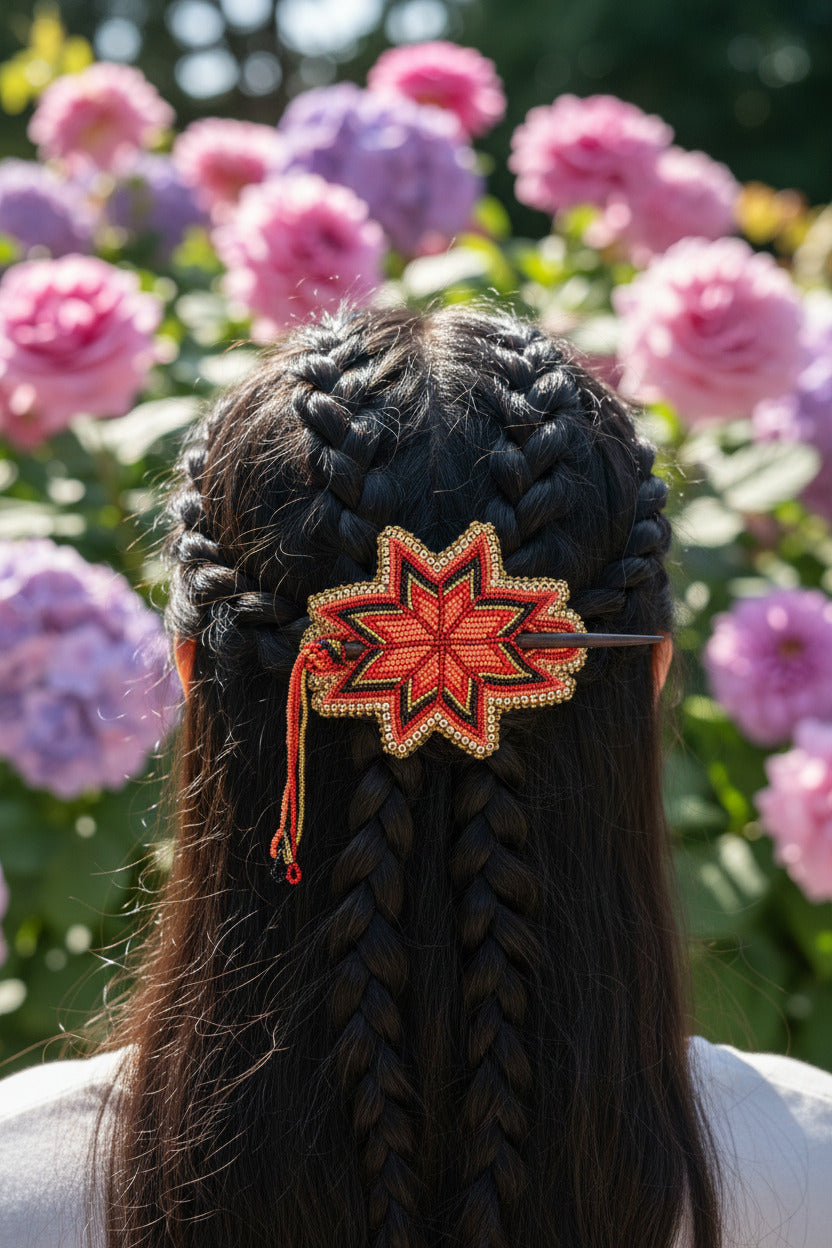 Native Beaded Fringe Barrette w/ Hair Stick