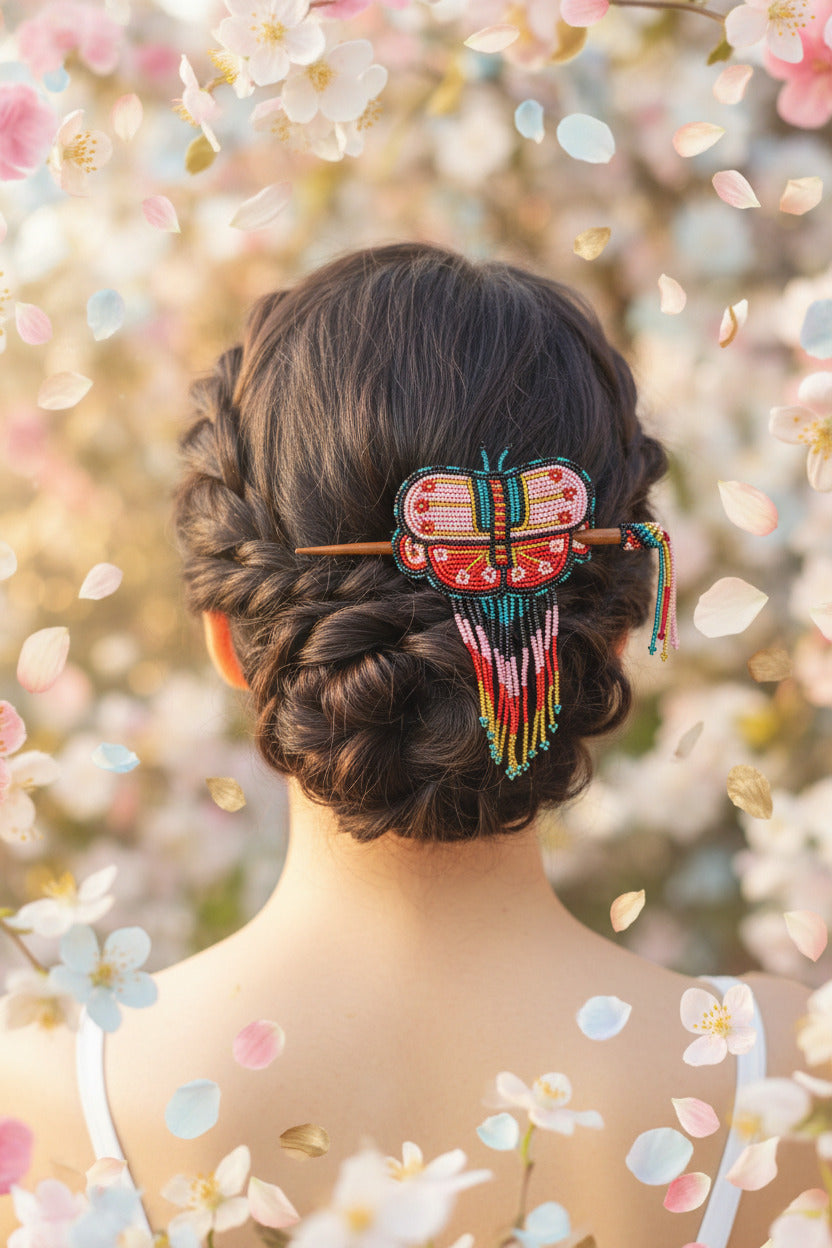 Native Beaded Fringe Barrette w/ Hair Stick