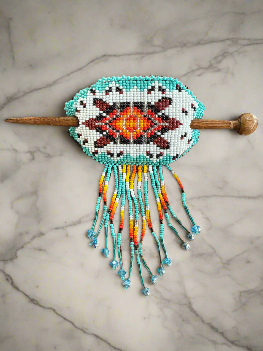 Native Oval Seed Bead Fringe Barrette Hair Stick