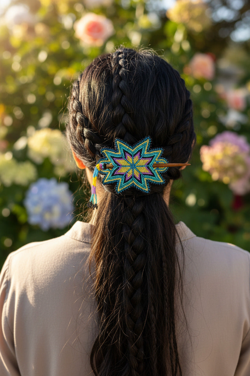 Native Beaded Fringe Barrette w/ Hair Stick