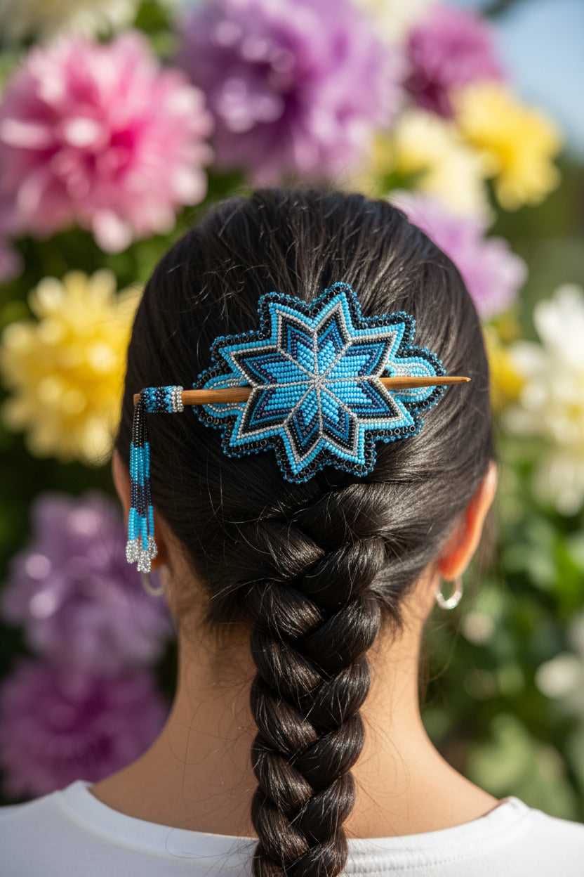 Native Beaded Fringe Barrette w/ Hair Stick