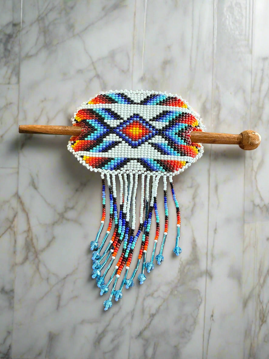 Native Oval Seed Bead Fringe Barrette Hair Stick