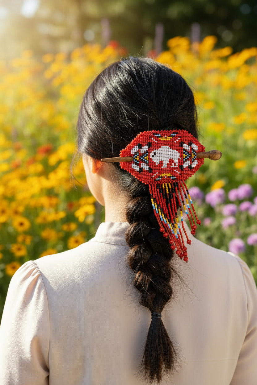 Native Beaded Fringe Barrette w/ Hair Stick