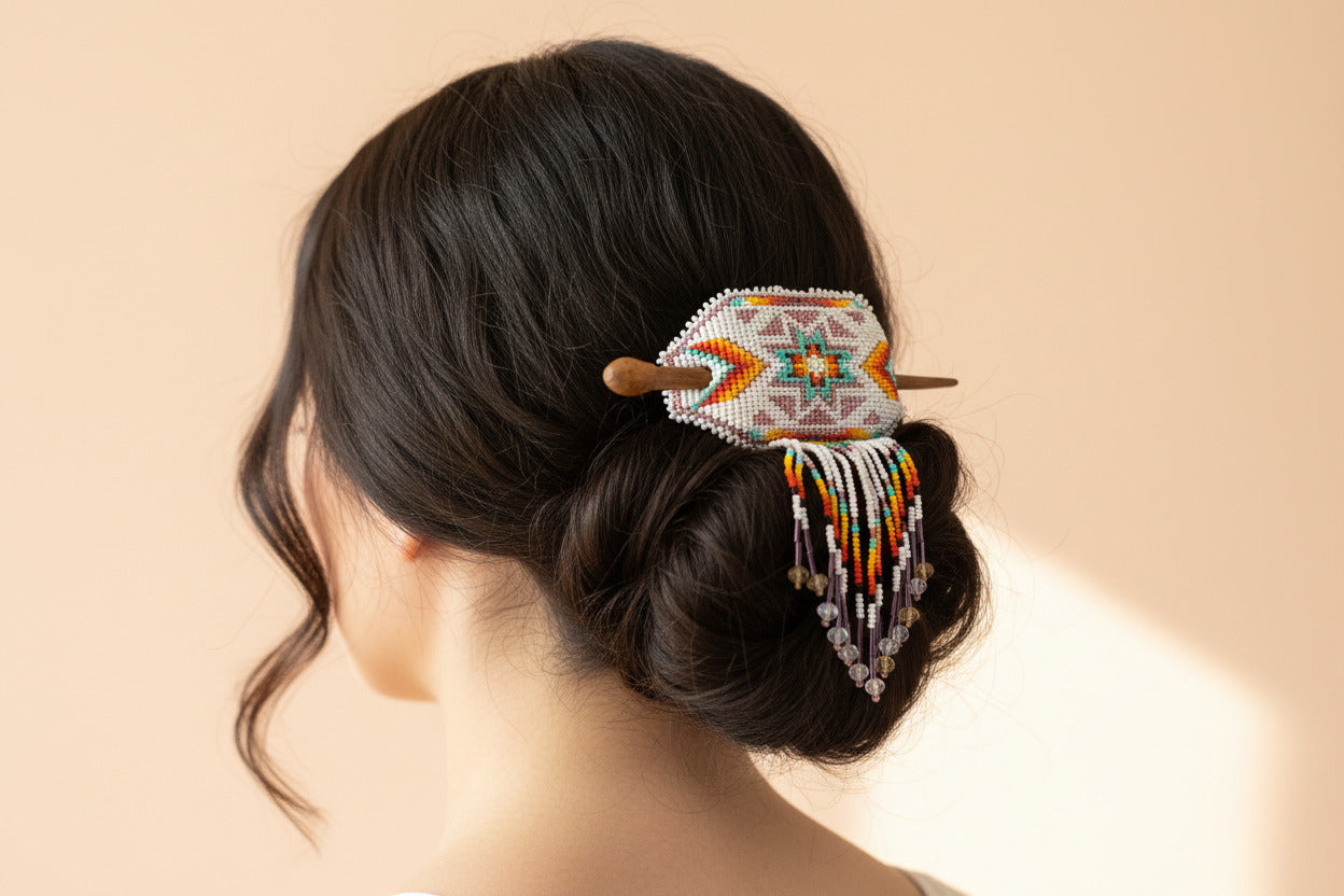 Native Oval Seed Bead Fringe Barrette Hair Stick