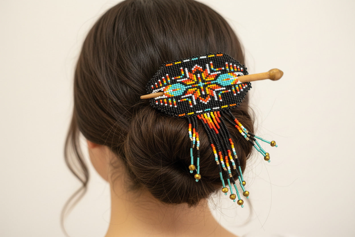 Native Oval Seed Bead Fringe Barrette Hair Stick