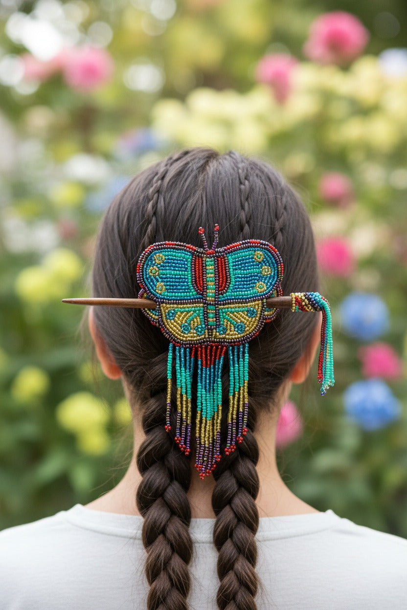 Native Beaded Fringe Barrette w/ Hair Stick
