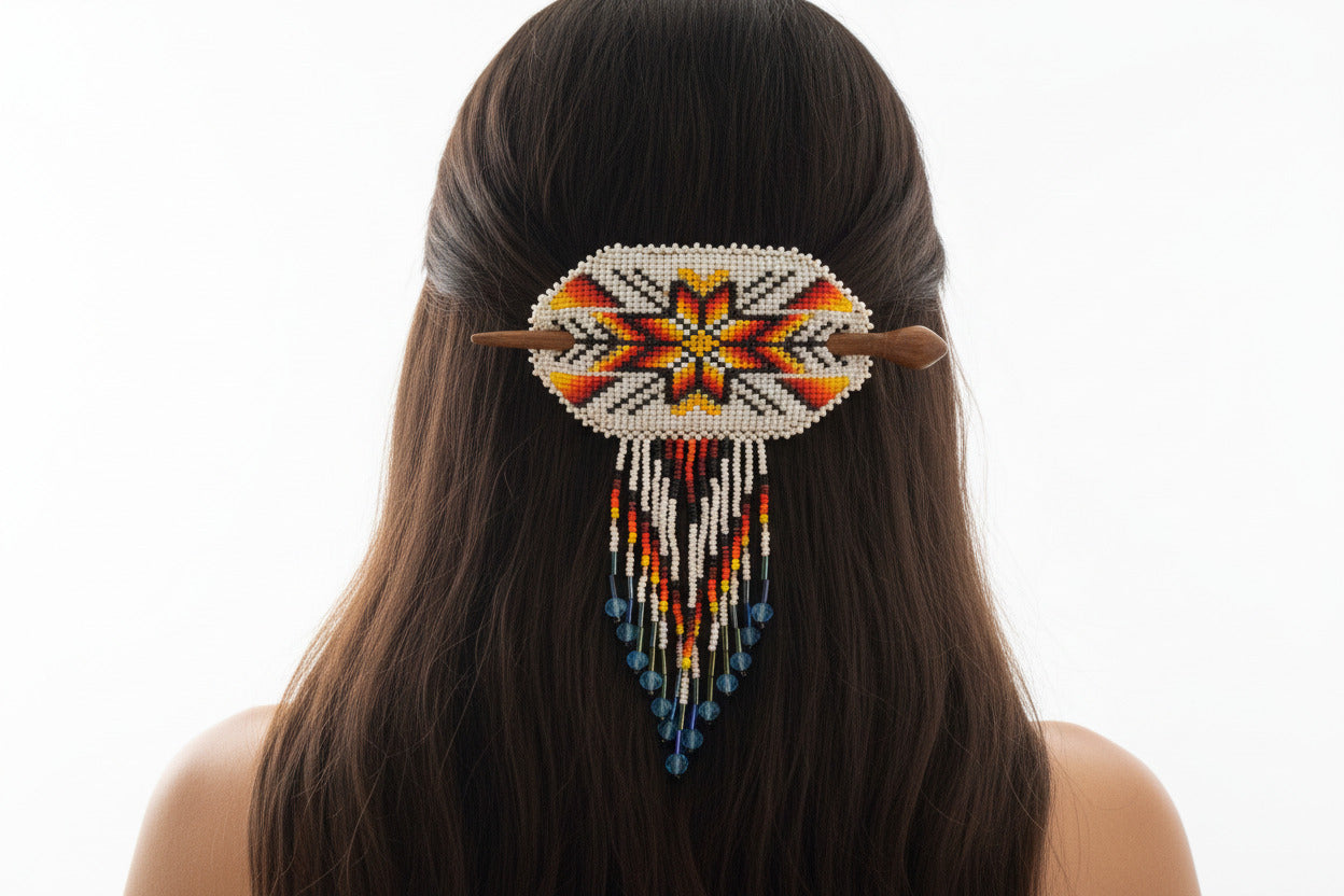 Native Oval Seed Bead Fringe Barrette Hair Stick