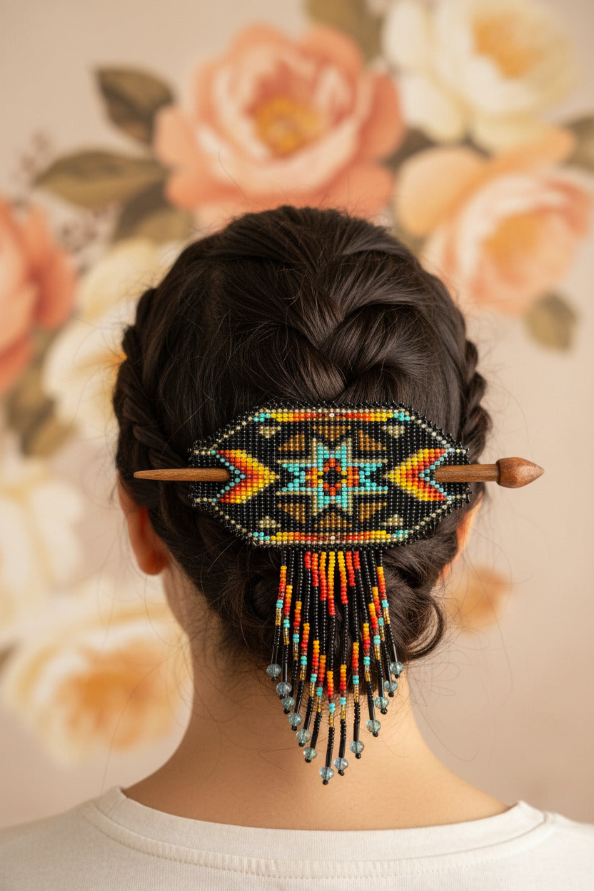 Native Beaded Fringe Barrette w/ Hair Stick