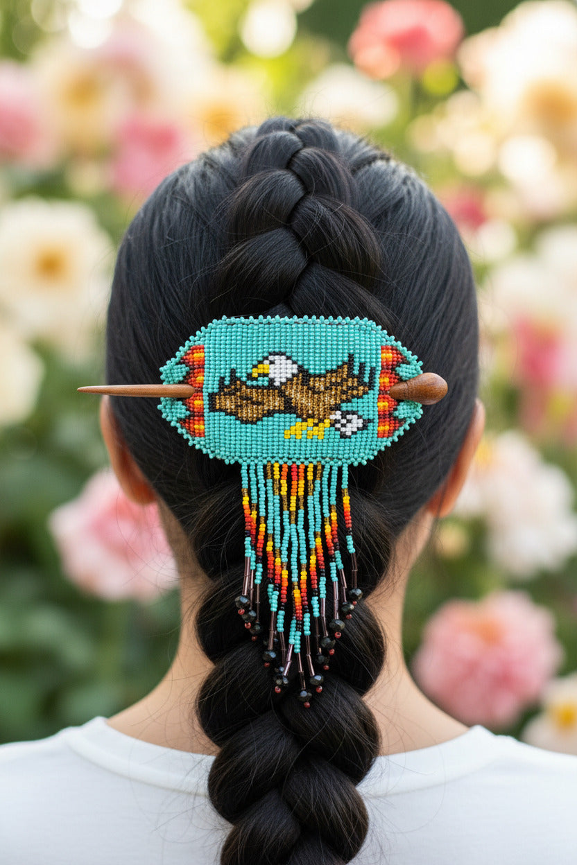 Native Beaded Fringe Barrette w/ Hair Stick