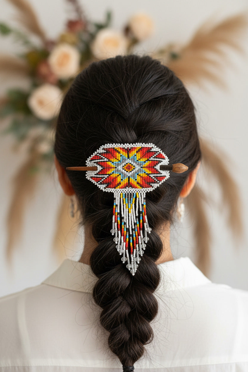 Native Beaded Fringe Barrette w/ Hair Stick