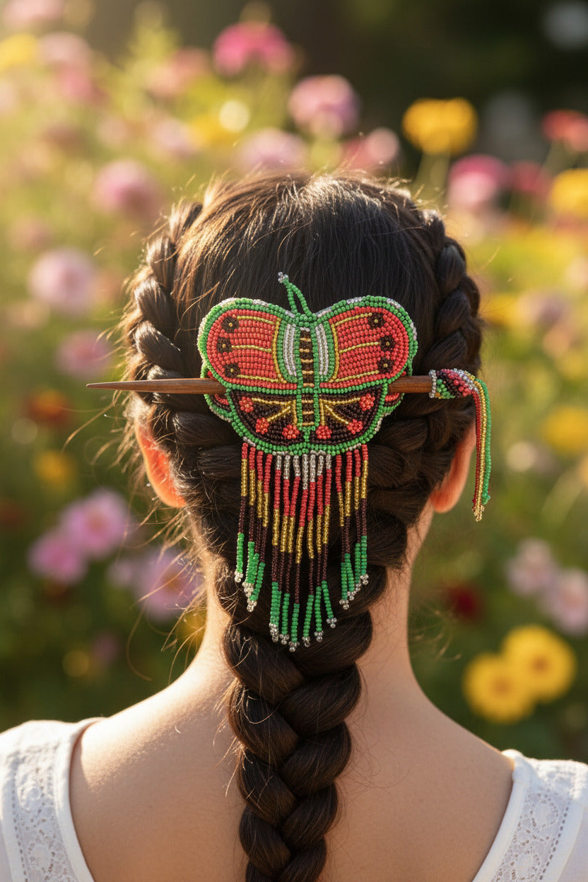 Native Beaded Fringe Barrette w/ Hair Stick