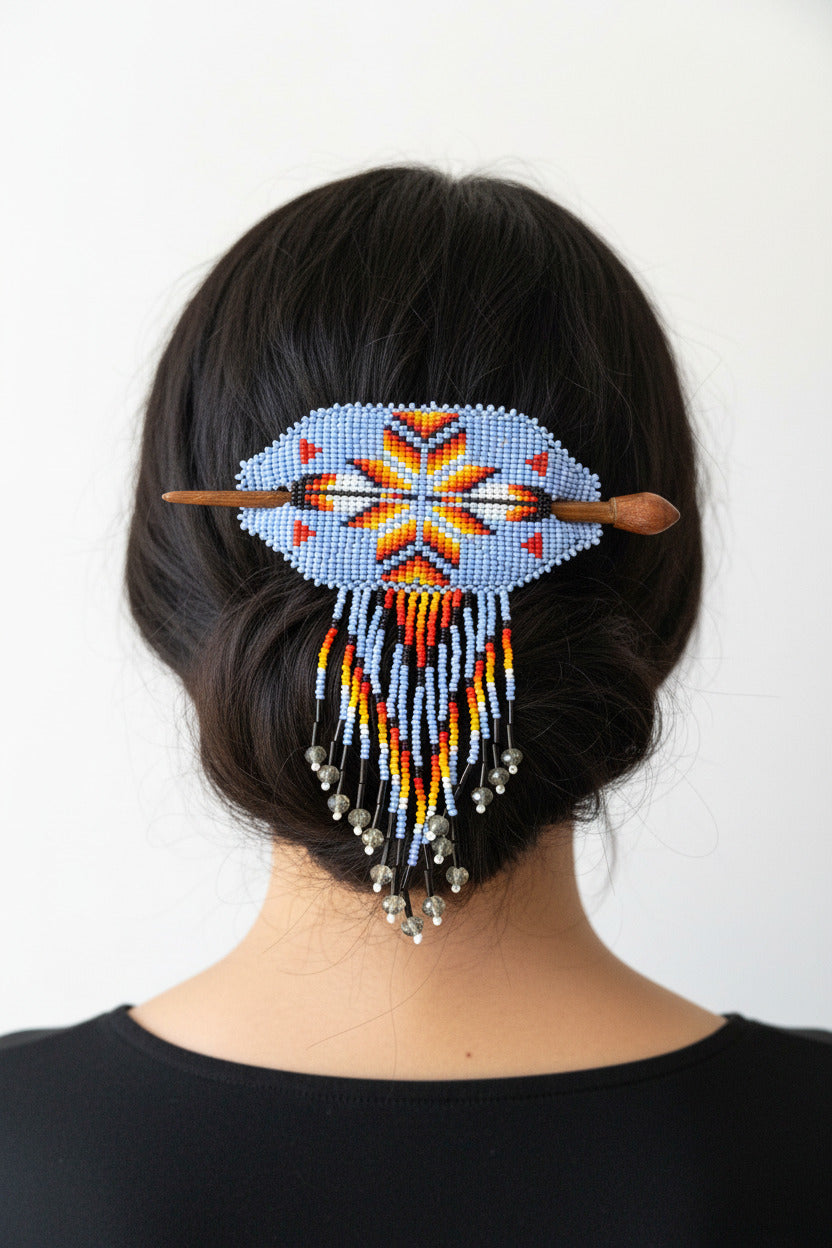 Native Oval Seed Bead Fringe Barrette Hair Stick