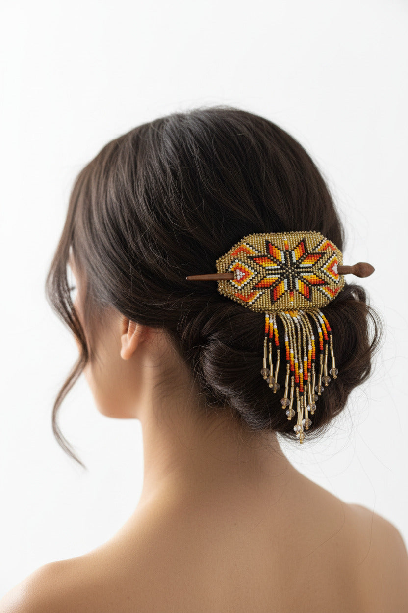 Native Oval Seed Bead Fringe Barrette Hair Stick