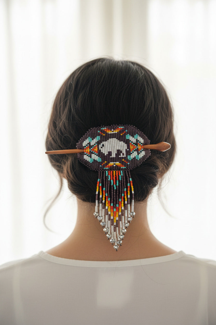 Native Oval Seed Bead Fringe Barrette Hair Stick